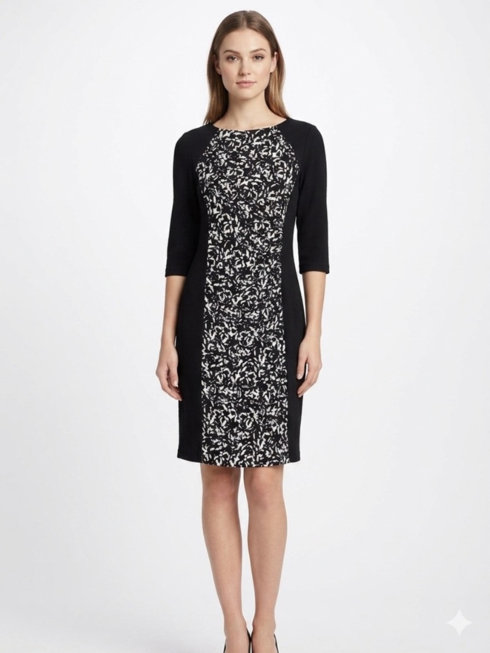 Chaps NWOT Ruched Stretchy Comfy Pull OnBlack & White Printed Paneled Midi Dress